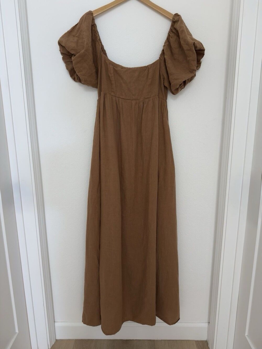 SOLAI The Label French Riviera Linen Maxi Dress L Puff Sleeve Peasant Ren Fair - Picture 2 of 16